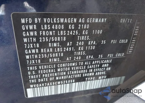 2012 Volkswagen Tiguan Se from USA, damaged, VIN WVGAV7AX9CW525856